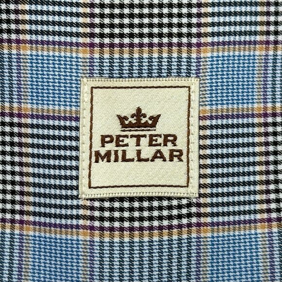 Peter Millar Shirt Button Down M Houndstooth Plaid Long Sleeve Cotton Blue - Picture 1 of 11